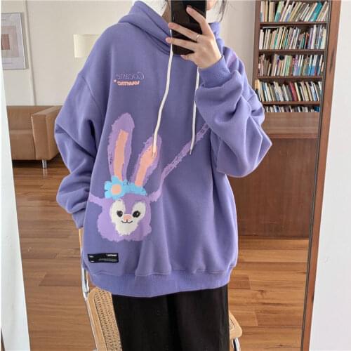 Rabbit Hooded Woman Loose Plush Thickened Harajuku Retro Sweet Top Cartoon Cute Pullover Cotton Warm Coat Autumn and Winter 2021