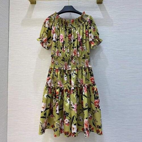 Women Summer Green 2021 Runway Fashion Slash Neck Puff Sleeve Ruffles Flower Print Waist Elastci Mini Dress