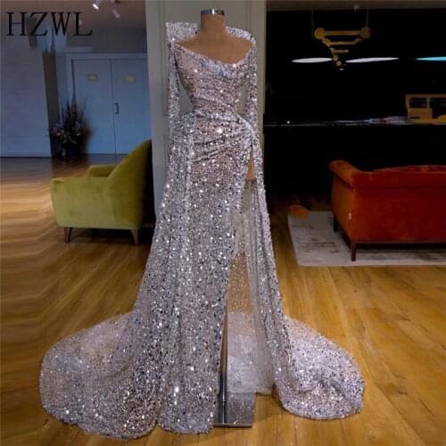 2020 Islamic Dubai Sexy Long Sleeve Evening Dress Shiny High Split Prom Dresses Robe De Soiree Turkish Middle East Party Dress