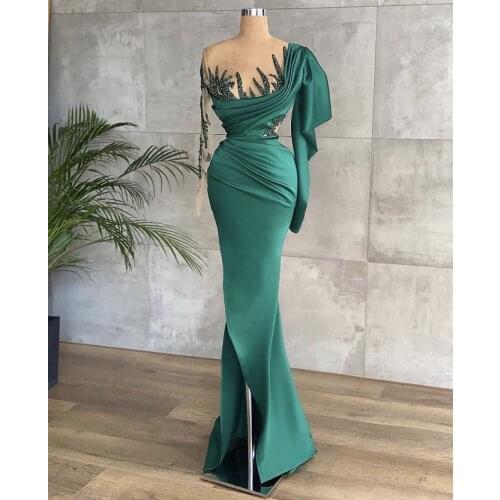 Dubai Mermaid Emerald Green Evening Dress Long Sleeve Illusion Beaded Side Slit Prom Dresses 2021 Sexy Women Wedding Party Gowns