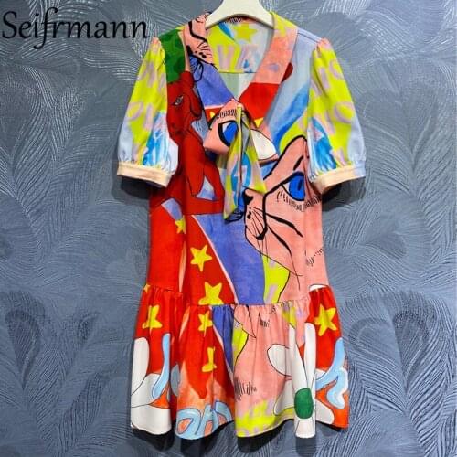 Seifrmann New 2021 Summer Women Fashion Runway Party Mini Dress Bow Lantern Sleeve Floral Print Loose Ruffles Elegant Dresses