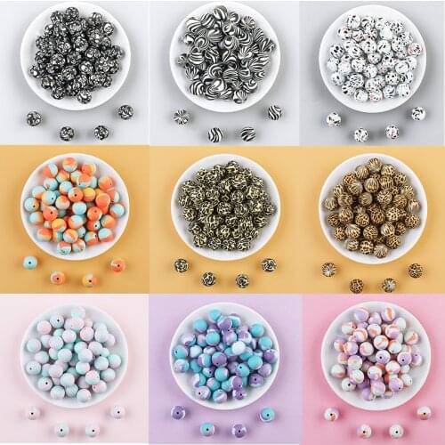 10PCS Round 12 MM Loose Beads Leopard pattern silicone loose beads ABS Food Grade Silicone Baby Teething Making Teether Pacifi