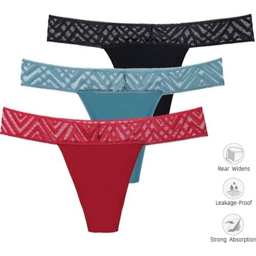 3Pcs Menstrual Briefs Lace Panties Leakproof Physiological Period Four Layers T Back Solid Color G String Sexy Women Underwear