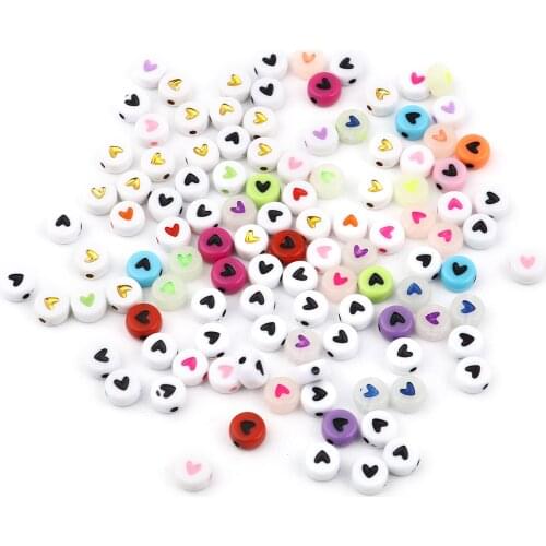 7mm Handamde Acrylic Beads Flat Round Sweet Colorful Heart Pattern Loose Spacer Beads DIY Making Bracelets Jewelry Gifts,1000PCs