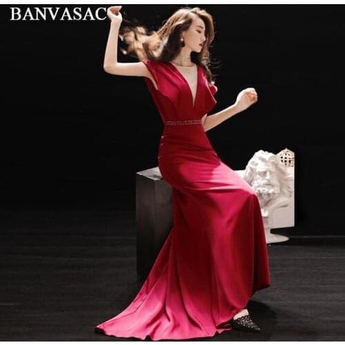 BANVASAC Illusion O Neck Crystal Sash Sweep Train Mermaid Long Evening Dresses Party Short Sleeve Backless Prom Gowns