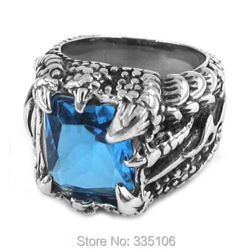 Free shipping! Dragon Claw Blue CZ Ring Stainless Steel Jewelry Fashion Motor Biker Ring SWR0255