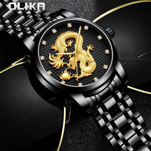 Olika Refined Steel Watch Mens Chinese Style Large Dial Waterproof Mens Watch Quartz Dragon Watch Watches for Men 2021 New