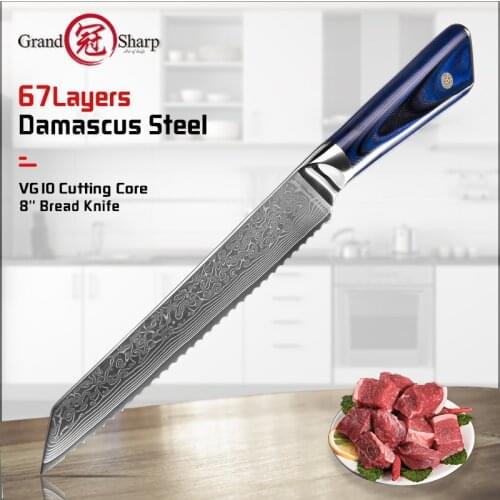 Grandsharp Kitchen Bread Knife 8 Inch Serrated Bread Knives Damascus Steel Slicing Knife For Loaf Toast Damper Baking Knives