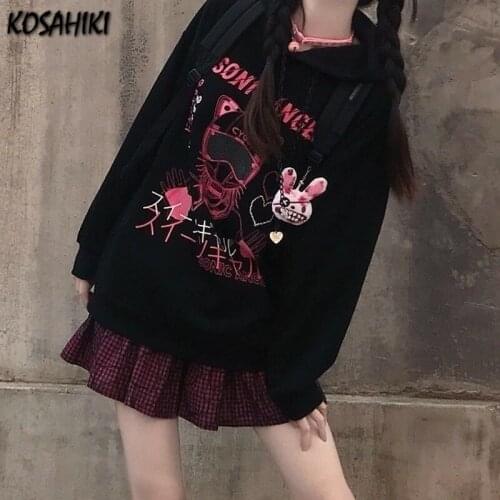 KOSAHIKI 2021 Fleece Harajuku Hoodies Japanese Streetwear Hooded Ropa Mujer Casual Loose Oversized Women Sweatshirts 11a046