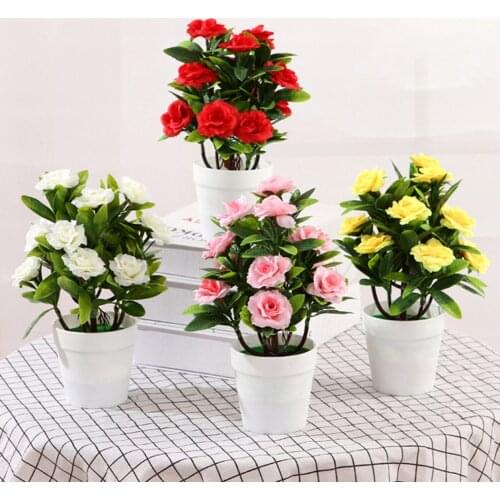Potted Artificial Rose Fake Flowers Plants Yellow Pink Red White Flower Bonsai Garden Office Home Table Decor Wedding 18x25 CM