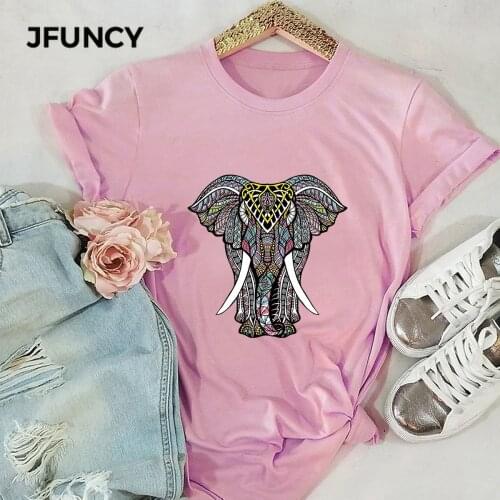 JFUNCY Plus Size Female Tshirt 100%Cotton T Shirts Women Short Sleeve Tees Summer Loose T-Shirt New Elephant Print Tops