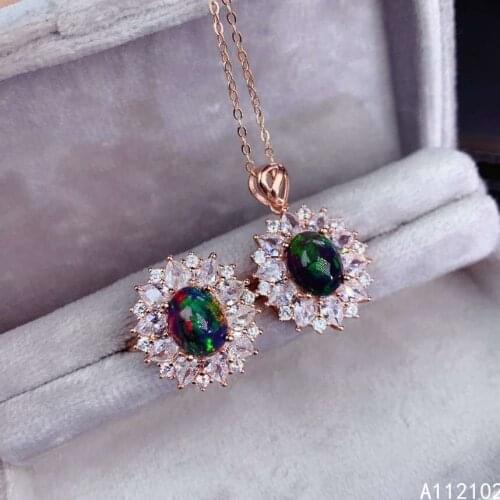 KJJEAXCMY fine jewelry 925 sterling silver inlaid natural black opal popular girl ring pendant suit support test Chinese style