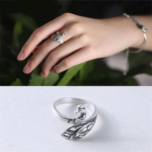 Hot new Silver Color retro Christmas Gifts Party peacock phoenix wear peony opening adjustable ring accessories female