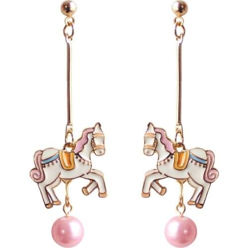 Fashion jewelry Cute Romantic Pink Imitation Pearl Colorful Enamel Horse Unicorn Drop Earrings for Women Girls Wedding Party