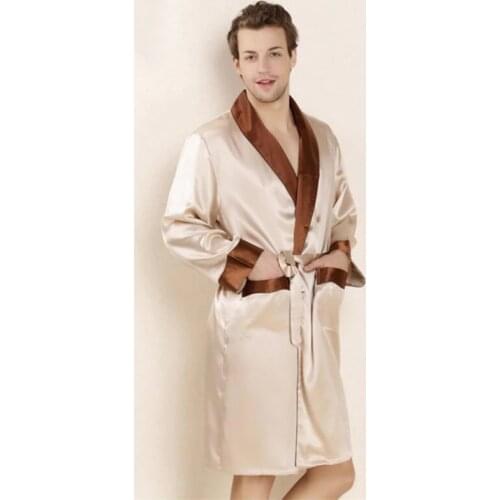 IANLAN Spring Summer Mens Silk Pajamas 100% Real Silk Bathrobe Long Robe Nightgown with Waistband Sleepwear IL00458