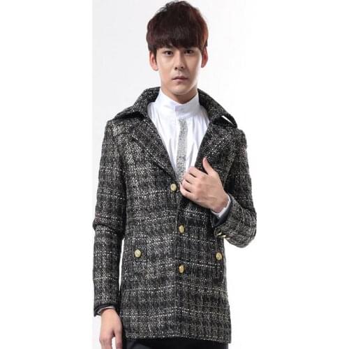 Black gray england Wild fashion Korean Woolen plaid suits mens Leisure Medium long blazer men Business suit Overcoat Jacket