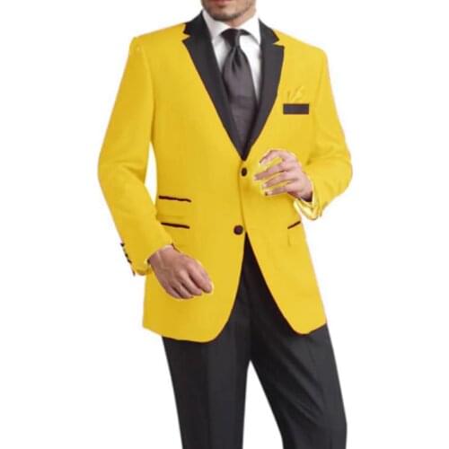 Autumn New Male Clothing Luxury Fashion Handsome Black Lapel Slim Fit Yellow Groomsman Tuxedos Wedding Party Men Jacket + Pants