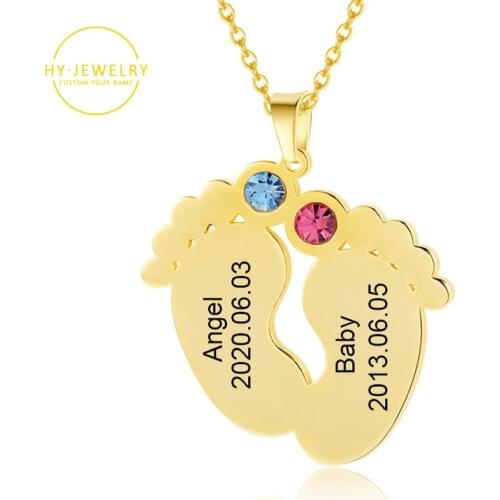 Customized Baby Foot Birthstone Necklace Gold Stainless Steel Nameplate Necklace Personalized Charm Birthstone Choker Baby Gifts
