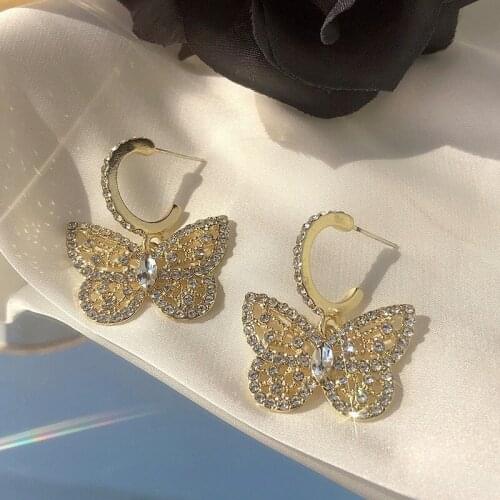 Korean Butterfly Gold Earrings Fashion Exaggerated Crystal Pendant Earrings 2021 Suitable For Female Girls Jewelry Party Gifts