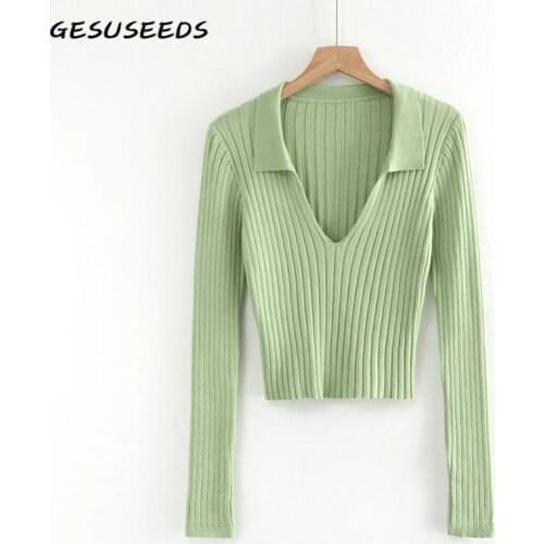 Knitted sweater women long sleeve pullover black elegant cropped sweater solid ribbed top office lady polo collar sweater green