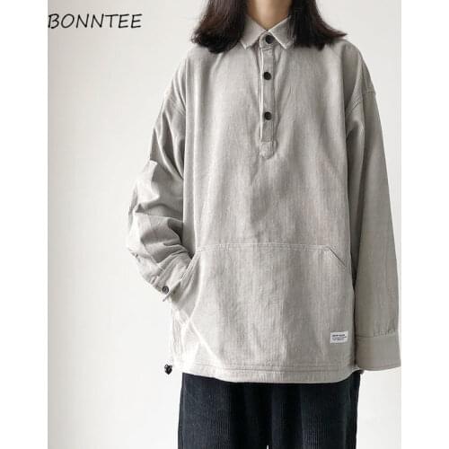 Hoodies Women Turn-down Collar Solid Loose Unisex Chic Simple Corduroy Daily Korean Style Fashion All-match Couple Sweatshirts