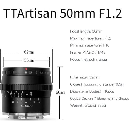 TTArtisan Lente 50mm F1.2 APS-C Manual Focus Camera Lens for SONY E FUJI X Canon M Panasonic Olympus M43