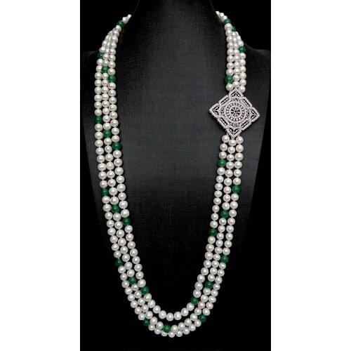 Y.YING 3 Strands Freshwater Cultured White Pearl Green Jade Cz Pave Pendant Necklace lady jewelry 32" -34"
