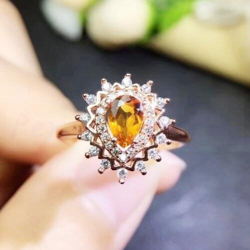 Per jewelry Natural real citrine drop shape ring Free shipping 925 sterling silver 0.65ct gemstone Fine jewelry Q9103116