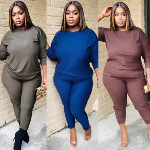 Plus Size active wear women solid color two piece set long sleeve tee tops long pants suit sweat suit tracksuit female outfit