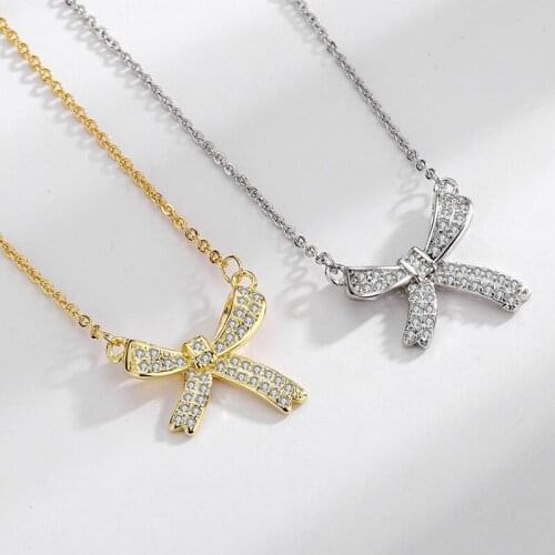 Binmonray 925 Sterling Silver Micro Inlaid Zircon Luxury Bowknot Pendants Necklace Delicate Fresh Summer Party Jewelry for Women