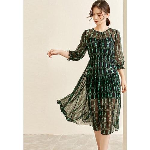 100% Silk Dress Women Two Pieces Set Printed O Neck A-line Three Quarter Sleeve Dress Style Long Dress New Fashion Summer 2019