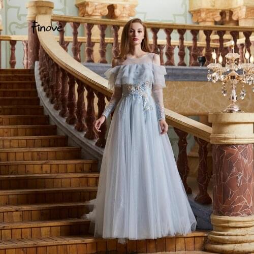 Finove New Prom Dress Long 2019 Robe De Soiree Sexy Illusion Full Sleeves O Neck Tulle Appliques Woman Party Dresses Plus Size