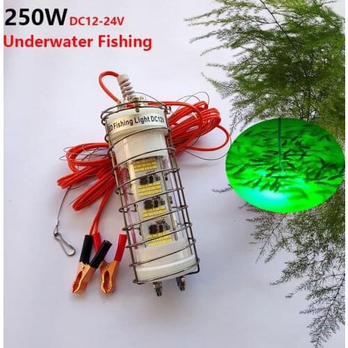 250W DC12V to 24V LED Submersible Underwater Fishing Light Fish Attracting Bait Stainless Steel Protective Cage IP68