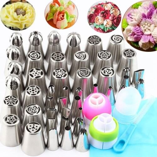 45 Pcs Russian Pastry Ball Tips Nozzles Icing Shape Stainless Steel Piping1Pcs Brush 1 Pcs Silicone Bag 1 Pcs Converter
