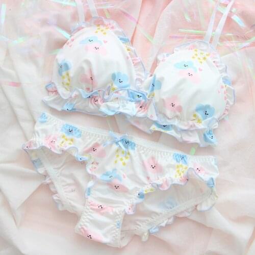 OJBK Cute Japanese Bra & Panties Set Wirefree Soft Underwear Sleep Intimates Kawaii Lolita Color White Nightwear