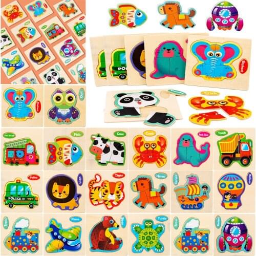 Kids Wooden 3D Jigsaw Puzzle Cartoon Animal Traffic Vehicle Early Education Learning Cognitive Enlightenment Toys Children Gifts