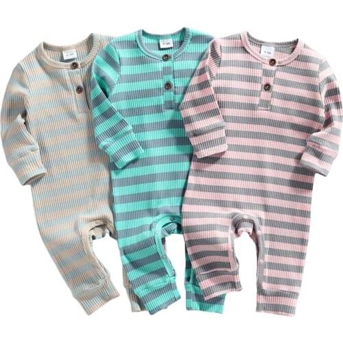 0-12M Infant Baby Boy Girl Long Sleeve Romper Horizontal Stripes Print Bottom Button Casual Style Spring Clothing