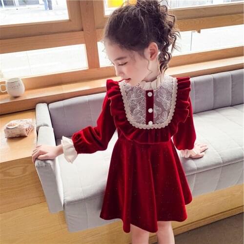 Hot Red Christmas Dress for Girls Performance Party Birthday Clothes Winter Autumn Children Velvet Dress for Girls Warm Clothes