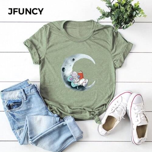 JFUNCY Plus Size Short Sleeve Woman Tshirts Funny Harajuku Print T Shirt Women Casual Loose T-shirt Summer Tees 100% Cotton Tops