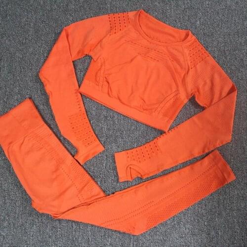 2PCS Yoga Set Women Workout Clothes Flawless Knit Long Sleeve Hollow-out Mesh Compression Crop top + Seamless Yoga Leggings GYM