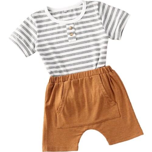 Newborn Baby Boys 2Pcs Outfits Summer Short Sleeve Striped T-Shirt + Elastic Shorts Set for Daily Life