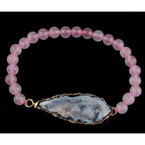 Kraft-beads Light Yellow Gold Color Irregular Shape Agates with Round Beads Natural Rose Pink Quartz Bracelet