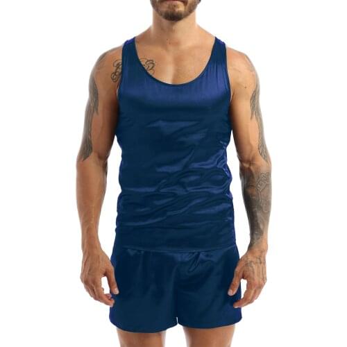 Summer Men Satin Sleeveless Pajamas Sets Nightwear Tank Top Shorts With Bottoms Sleepwear Nightclothes Home Wear Loungewear