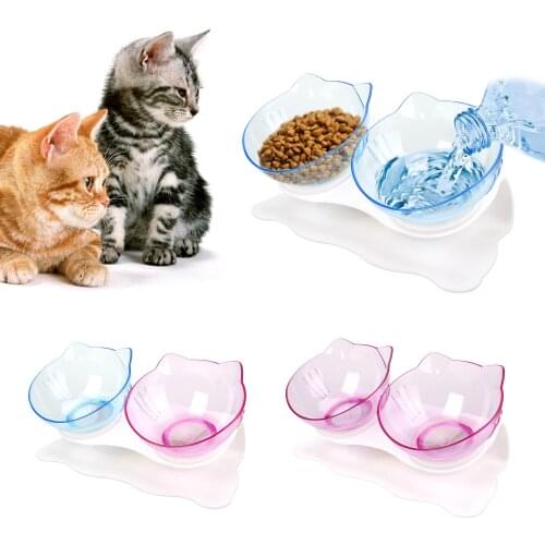 Multicolour Cat Double Bowl Kitten Bowl Dog Bowl Transparent Material Non-slip Food Bowl With Protection Cervical Cat Supplies