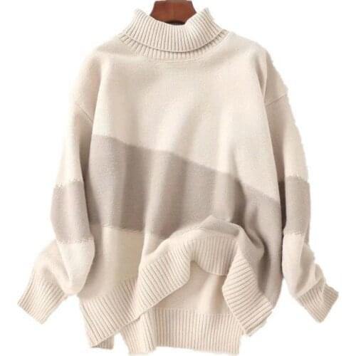 Korean Version Of The Autumn Fashion Turtleneck Sweater Pullover Loose Stitching Gray Autumn Winter Brushed Sweater 2021 New