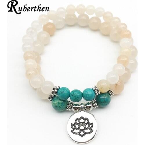 Ruberthen Fashion Women`s Charm Bracelet Bohemian Natural Pink Aventurine Jewelry Lotus Charm Bracelet Mother`s Day Gift