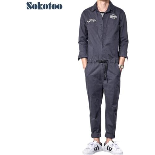 Sokotoo Mens dark gray long sleeve slim jumpsuits Casual elastic waist patches design jeans overalls set