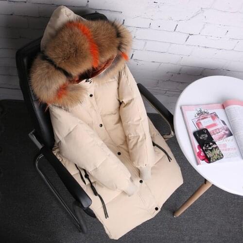 Schinteon New Women Down Jacket Loose Winter Warm Over Size Outwear with 100% Real Colorful Raccoon Fur Trim Hood