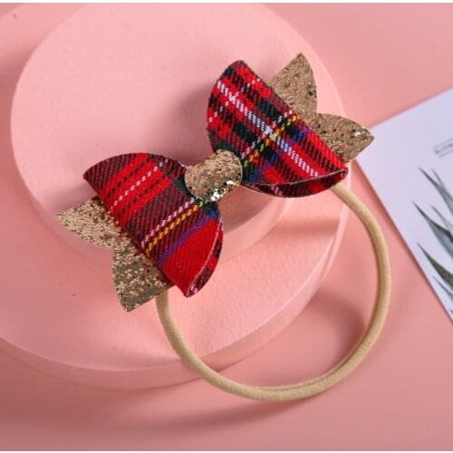 12pc/lot 4" Red Black Plaid Hair Bow Headbands,Baby Glitter Hair Bow With Thin Nylon Headband Children Girls Hair Accessories