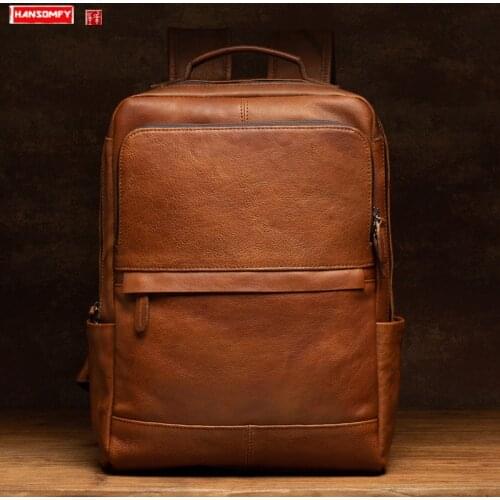 Vegetable tanned leather Men backpack large - capacity soft Cowhide leather travel backpacks top layer leather computer bags